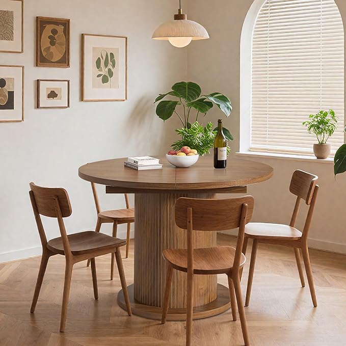 59 inch Round Dining Table for 6, Modern Farmhouse Kitchen Table, Circle Dining Tables with Wood Strip Base for Kitchen Living Room (Big Adjustable Walnut)