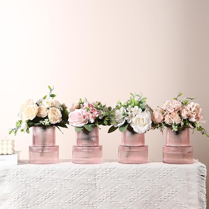 Ribbed Glass Vases, Set of 4 Small Vases for Flowers, Pink Glass Vase for Tulips, Modern Vase for Living Room, Kitchen, Office, Entryway, Bookshelf, Wedding Gifts, Birthday, 6 Inches
