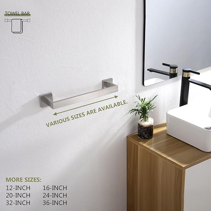 KOKOSIRI 12-Inch Single Towel Bar, Bathroom Kitchen Towel Holder, Wall Mounted SUS304 Stainless Steel Towel Rack, Brushed Nickel, B4003BR-L12