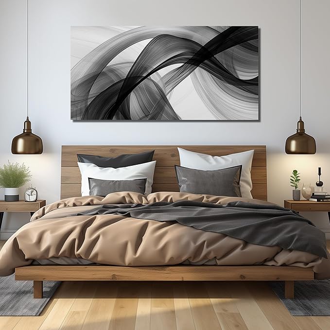 JuhaiArt Abstract Wall Decor Minimalist Black Picture Art White Canvas Wall Art for Living Room Office 29" x 59" Large Modern Poster Artwork