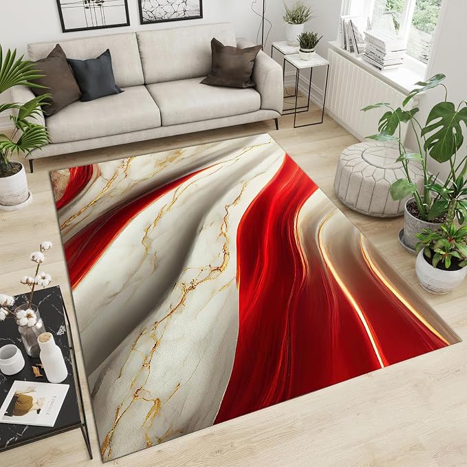 Marble Gilt Texture Red Area Rug, Luxury Marble Non Slip Throw Rug, Machine Washable Durable Carpet for Indoor Bedroom Living Room Office Decor Rug - 6 ft x 9 ft