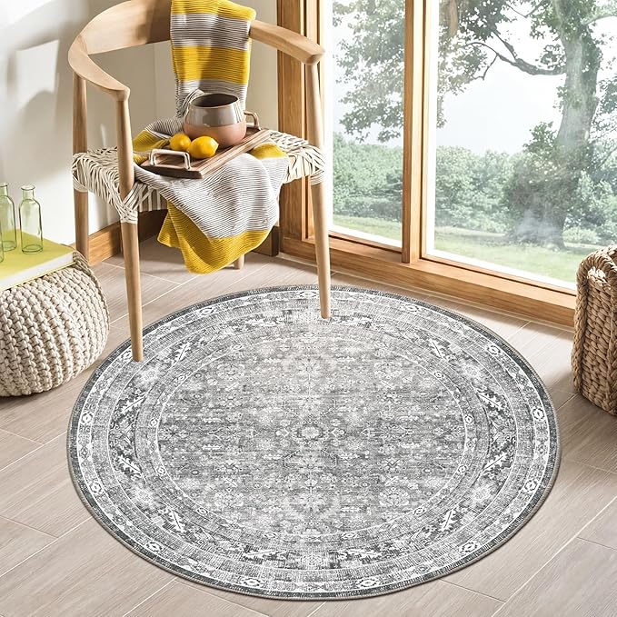 OPPODREAM Vintage Grey Round Rug 4ft, 4 ft Retro Washable Circle Rug Non Slip, Low-Pile Faux Wool Circular Carpet, Distressed Gray Floor Mat for Living Room, Bedroom, Office, Dorm, Dinning Room