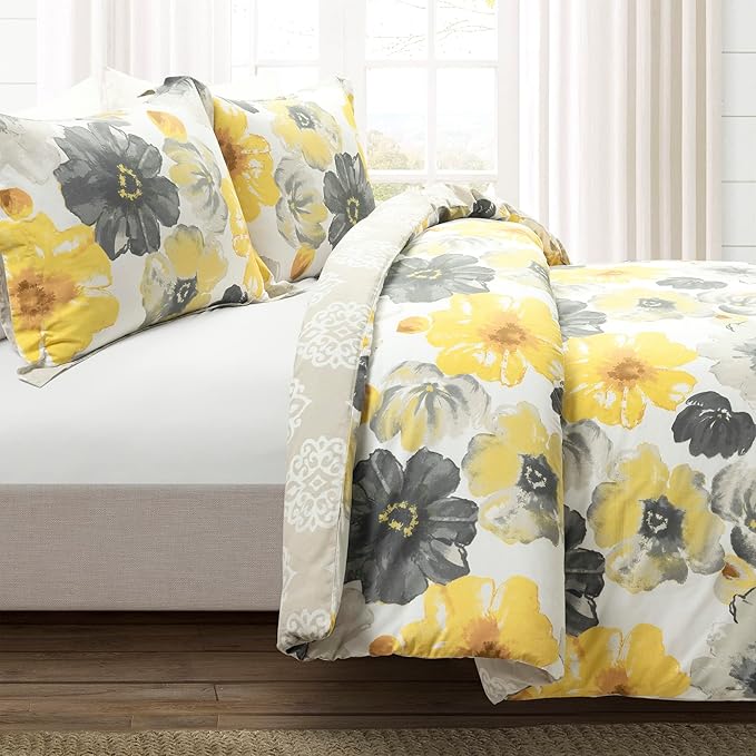 Lush Decor Leah Reversible 100% Cotton Duvet Cover Set, 3 Piece Set, Full/ Queen, Yellow & Gray - Queen Bedding Set - Yellow Duvet Cover - Country Floral Decor