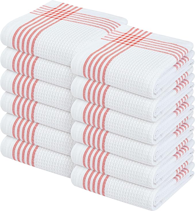 Waffle White & Red Kitchen Dish Towels, Set of 12, 100% Cotton 16x26 inches, Absorbent Tea Towel, Multi-Purpose Hand Cleaning Towel, Strong and Reusable Dish Cloths for Drying Dishes