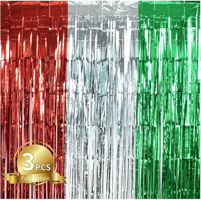 TONIFUL 3Pcs Red Silver Green Door Streamers,Photo Booth Backdrop Metallic Streamers Foil Fringe Curtains for Birthday,Christmas,New Year,Bachelorette,Grad Party Streamers Decor(9.9ft x 6.6ft)