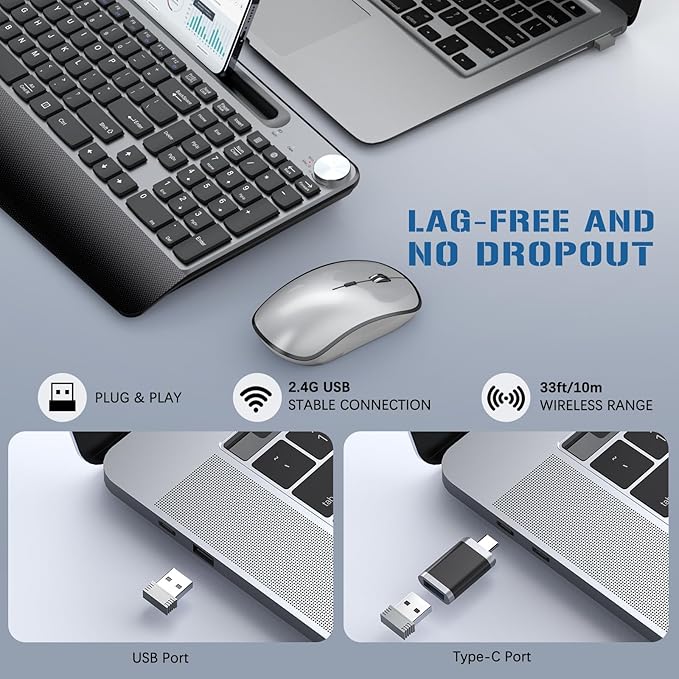 JOYACCESS Wireless Keyboard and Mouse, Ergonomic Wireless Keyboard with Wrist Rest and Phone Holder, Quiet Computer Mouse for Mac PC Laptop-Black Grey
