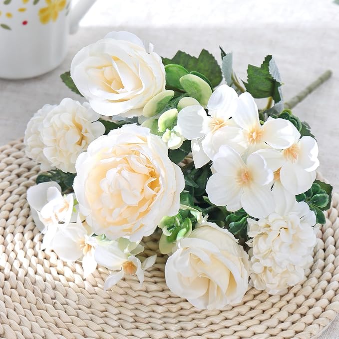 4 Bundles White Peonies Artificial Flowers Silk Flower Centerpieces for Tables Fake Flower Arrangements Bouquets Mixed Roses Hydrangea with Stems for Wedding Bridal Bouquets Home Table Decor