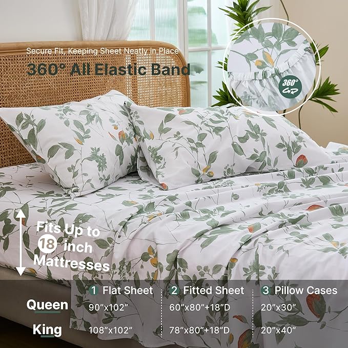 100% Cotton Sheets Set King Size – 4 Pieces Luxury Breathable Percale Cotton Bedding with Deep Pockets, Crisp Cool Feeling, Soft&Durable, Refined Botanical Elegance, Green Floral Bed Sheets
