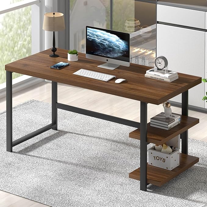 FOLUBAN Modern Computer Desk, Wood Home Office Desk, Study Writing Gaming Table Workstation with Storage Shelves for Living Room Bedroom, Rustic Walnut, 53 Inch