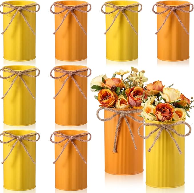 Domensi 5.91 in High Farmhouse Vase Decor Galvanized Metal Flower Vase with Twine Bow Vintage Rustic Tin Flower Buckets for Artificial Floral Table Container DIY(Yellow, Orange,8 Pcs)