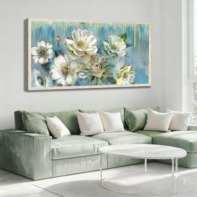 Ardemy Teal Canvas Wall Art Large Framed Magnolia White Floral Pictures Wall Decor Textured Painting Flowers Turquoise Artwork for Living Room Bedroom Dining Room Home Office, 40"x20"