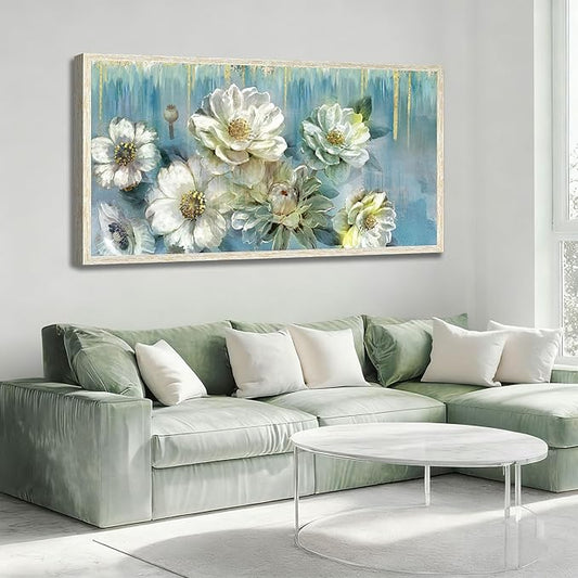 Ardemy Teal Canvas Wall Art Large Framed Magnolia White Floral Pictures Wall Decor Textured Painting Flowers Turquoise Artwork for Living Room Bedroom Dining Room Home Office, 40"x20"