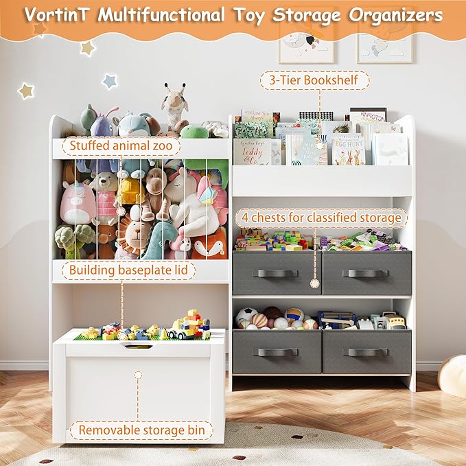 Toy Storage Organizer with Stuffed Animal Storage - Kids Bookshelf with 4 Removable Bins and 1 Movable Toy Storage Bin, 3-Tier Bookshelf with Building Block Play Table for Kids Room Playroom (White)