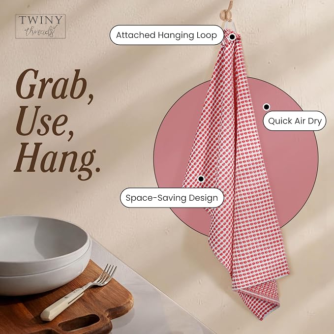 TWINY threads Circle Waffle Dish Towels 4 Pack, 16x26 Inches, 100% Cotton, Durable, Soft, Waffle Weave Hand Cloths, Heavy Duty Wash Rags for Kitchen, Bar, Household, Red