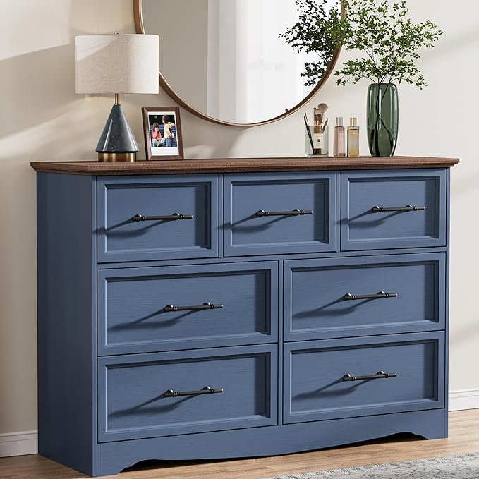 Blue Dresser for Bedroom, Modern 7 Chest of Drawers, 47" Wide Chest of Drawers w/Brushed Metal Handle, Wood Closet Organizers and Storage Cabinet for Bedroom, Living Room, Hallway