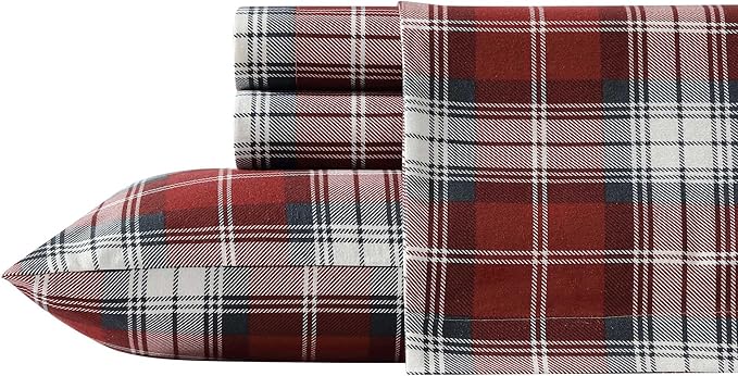Eddie Bauer - Full Bed Sheets, Cotton Flannel Bedding Set with Matching Pillowcases, Brushed for Extra Softness, Deep Pocket, Oeko-Tex Certified (Heartland Plaid Red)