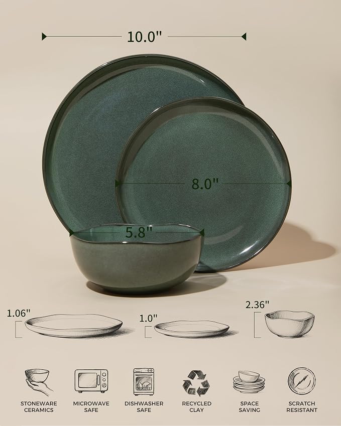 Pokini Large Holiday Dinnerware Sets for 8, Ceramic Plates and Bowls Set, Kitchen Dish Set, Microwave & Dishwasher Safe Dishware, Perfect for Christmas & Thanksgiving, Forest Green