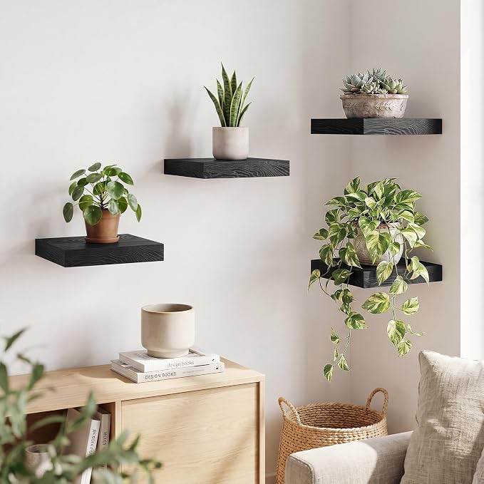 RICHFOCUS 8 Inch Floating Shelves for Wall Small Square Shelves Set for Bedroom|Kitchen|Bathroom|Laundry Room Rustic Wood Wall Mounted Shelf with Invisible Brackets for Books|Storage|Decor, Black