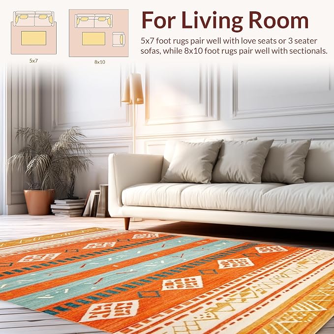 Flatwoven High Traffic Area Rug 4x6, Boho Abstract, Non Slip, Stain Resistant, Washable Area Rugs for Living Room, Bedroom (Orange, 4x6)