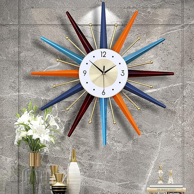 Starburst Large Wall Clock Metal Decorative,Mid Century Wall Clocks, Silent Non-Ticking Battery Operated Wall Clocks Home Décor for Living Room,Bedroom,Dining Room, Office, 22 inch