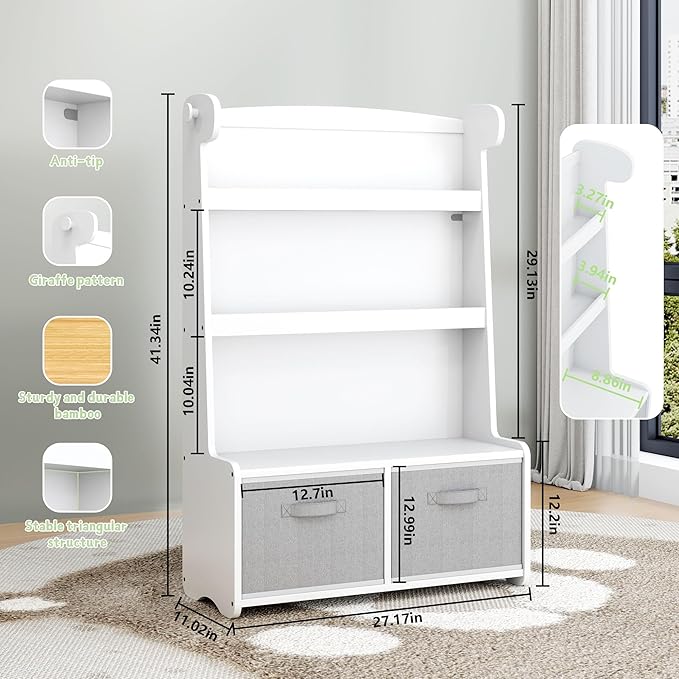 Kids Bookshelf and Toy Storage Organizer, 3 Tier Bamboo Todders Book Shelf Large Book Rack for Child Room Playroom Nursery for Kids, Children, Toddlers (White)