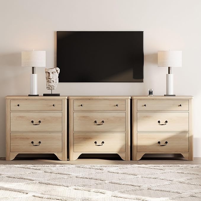 WAMPAT 3 in 1 Large Farmhouse Dresser Set, 94.5” W 9 Drawers Dresser for Bedroom with Wide Chest of Drawers for Bedroom, Living Room, Closet, Hallway, Office,Oak