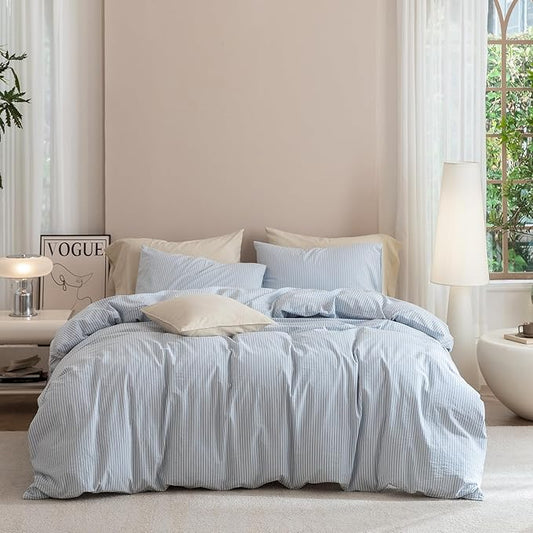 JIYUAN 100% Washed Cotton Striped Duvet Cover Set 3 Pieces Queen, 1 Duvet Cover and 2 Pillowcases(Comforter Not Included),Linen Like Comfy and Breathable,Pinstripes - Heathered Cornflower Blue White