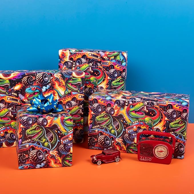 Altarho Reversible Monster Truck Wrapping Paper Roll For Kids Boys Dinosaur Racing Car and Lava Gift Wrap Sheets for Volcano Halloween Baby Shower Birthday Party Decoration Total 28.5sq.ft