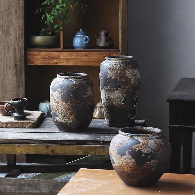 Denique Rustic Vase for Home Decor, Farmhouse Terracotta Vases, Large Ceramic Vase for Living Room Decor, Black Pottery Vase Large Clay Vase, Rustic Farmhouse Tabletop Decor(C-29cm)
