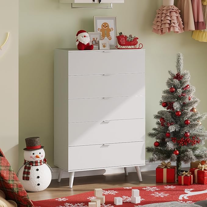 WLIVE 5 Drawer Dresser for Bedroom, Tall Wooden Dresser, White Dressers Storage Organizer with Sturdy Metal Handle, Chest of Drawers for Living Room, Hallway, Closet