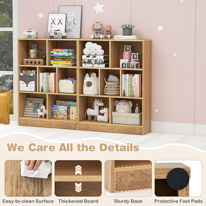 HONEY JOY Kids Toy Storage Organizer, 7-Section Wooden Floor Storage Cabinet, 41” Daycare Toy Chest, 3-Tier Kids Display Bookshelf for Classroom, Playroom & Nursery, Kindergarten (Natural)