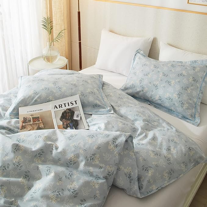HighBuy Boho Floral Duvet Cover Full Cotton Aesthetic Blue Floral Full Comforter Cover Set Lightweight Soft Garden Style Bedding Set Full Duvet Cover Set Zipper Closure Breathable Full