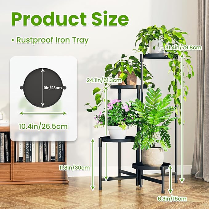 Plant Stand Indoor Outdoor, 4 Tier Corner Metal Flower Display Holder Shelf, Folding Tall Orchid Rack for Patio Balcony Porch Garden Living Room House, Black