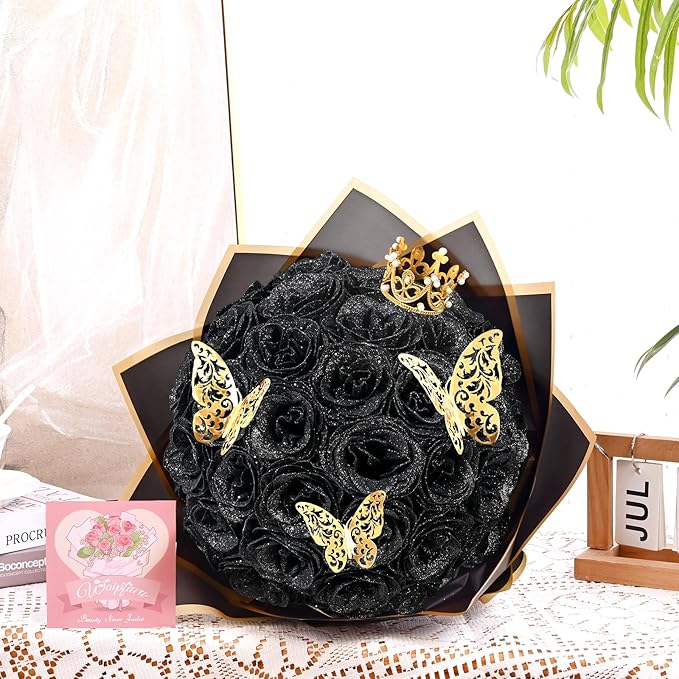 Waipfaru 24 Pcs Glitter Roses Bouquet, DIY Fake Flowers Bouquet, Artificial Black Rose Bouquet for Valentines, Mothers Day Gifts, Anniversary, Engagement, Wedding