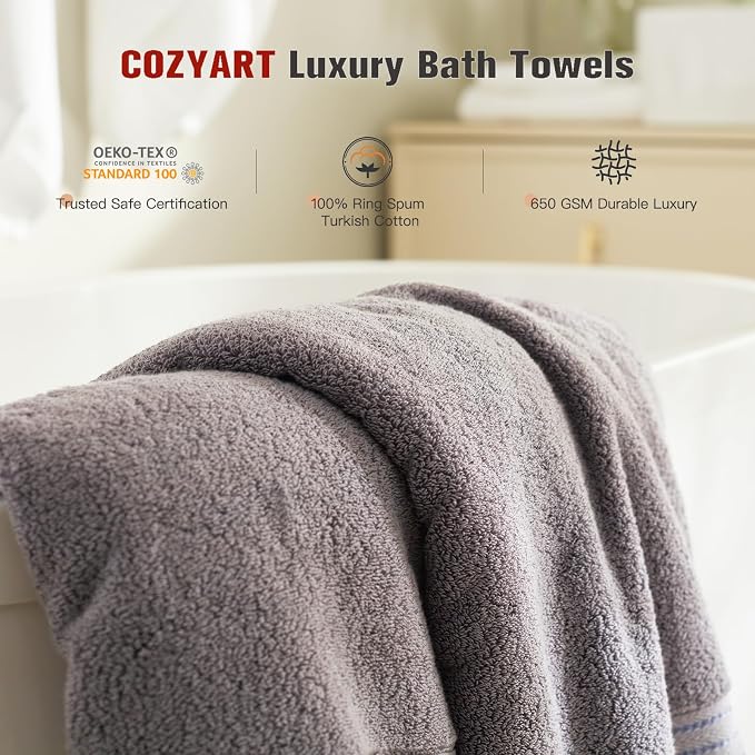 COZYART Grey Bath Towel Set 6pcs, Turkish Cotton Bathroom Towel Sets Soft Absorbent and Durable 650 GSM Luxury 6 Pcs with 2 Bath Towels, 2 Hand Towels, 2 Washcloth