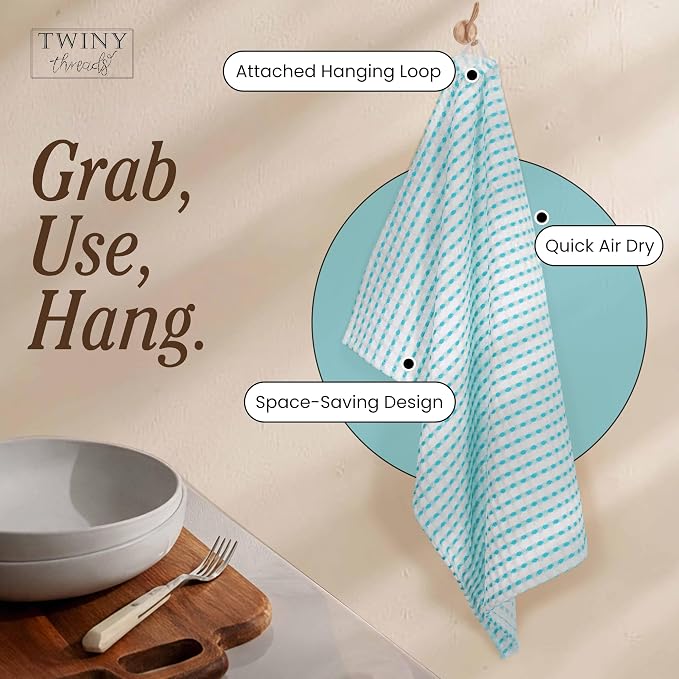 TWINY threads Waffle Kitchen Towels 4 Pack, 100% Cotton 16x26 Dishcloth Set, Highly Absorbent & Quick Dry Tea Towels for Drying Dishes, Cleaning Counters & Everyday Use, Aqua Blue, White