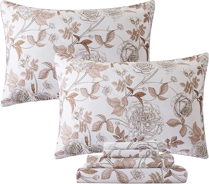 FADFAY Sheets Set Queen Vintage White and Brown Floral Bedding Elegant Peony Sheets Set Shabby Rose Farmhouse Bedding 100% Egyptian Cotton 800 Thread Count Deep Pocket Fitted Sheet 4Pcs, Queen Size