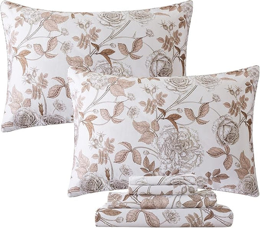 FADFAY Sheets Set Queen Vintage White and Brown Floral Bedding Elegant Peony Sheets Set Shabby Rose Farmhouse Bedding 100% Egyptian Cotton 800 Thread Count Deep Pocket Fitted Sheet 4Pcs, Queen Size