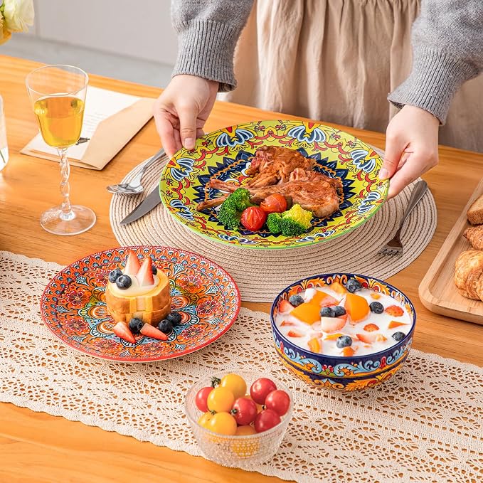 vancasso 18-Piece Dinnerware Sets,Ceramic Plates and Bowls Sets Service for 6, Bohemian Style Porcelain Dishes Set for 6, Microwave and Dishwasher Safe, Scratch Resistant,Non Toxic, Series KRVI