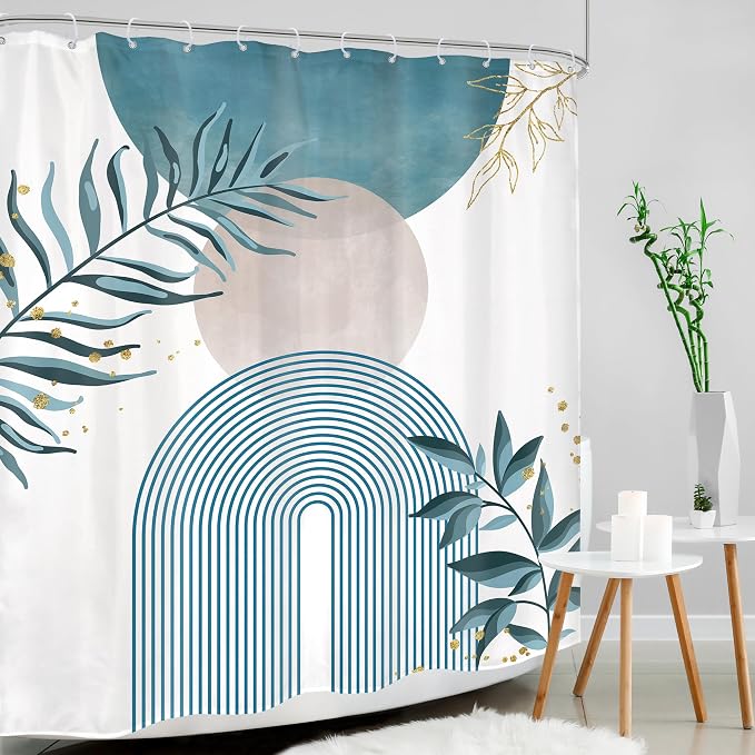 Green Boho Shower Curtain 60Wx72H Modern Abstract Bohemian Leaves Mid Century Minimalist Plant Bathroom Decor Arch Neutral Bath Curtain Fabric Polyester 12 Pack Hooks