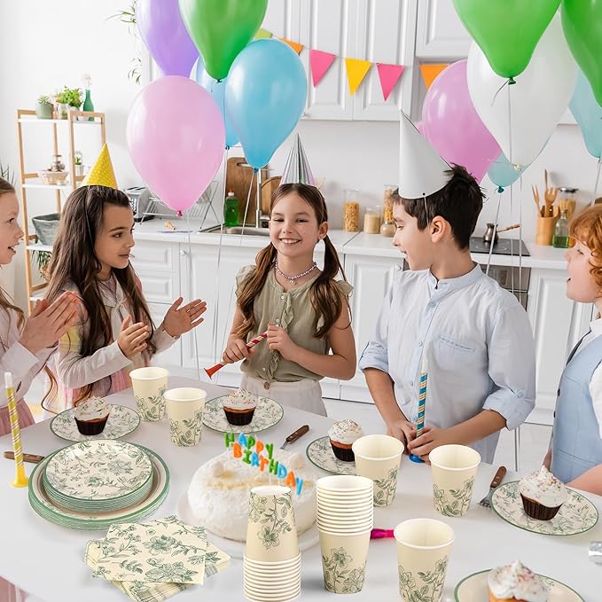 96 Pieces Sage Green Floral Party Supplies Elegant Floral Disposable Tableware Set Includes 9 Inch and 7 Inch Paper Plates, Cups, Napkins Serves 24 Guests for Birthday Baby Shower Wedding