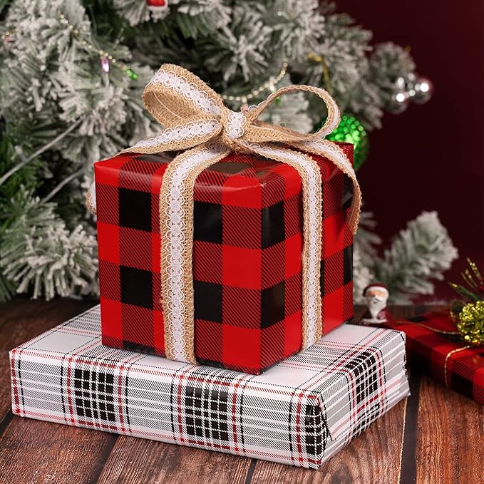 MAYPLUSS Christmas Reversible Wrapping Paper - Mini Roll - 17 Inch X 32.8 Feet - Red Black Buffalo Plaid Patterns (47.3 sq.ft.ttl)