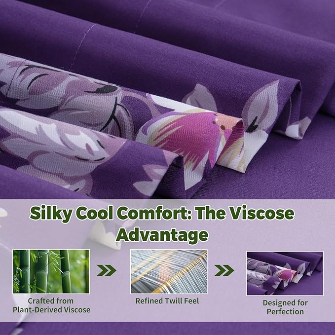 Bedlifes King Floral 4-Piece Sheet Set - Cooling Sheets Blend Rayon Derived from Bamboo,Soft & Breathable, Deep Pocket 16", Wrinkle Resistant - Vibrant Boho Floral Dark Purple
