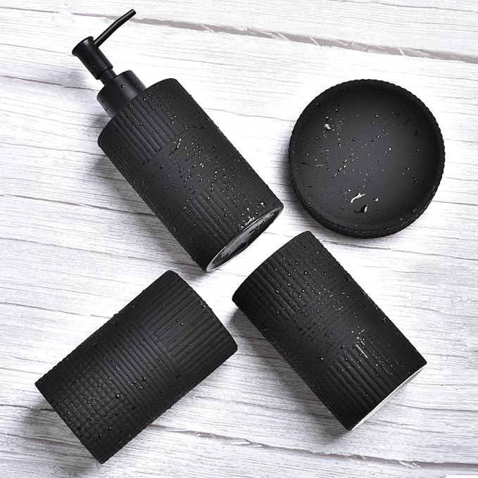 Matte Black Bathroom Accessories Set, 4PC Embossing Ceramic Bathroom Sets Complete-Toothbrush Holders, Soap Dispenser, Soap Dish, Toothbrush Cup, Black Bathroom Decor, Bathroom Countertop Organizer