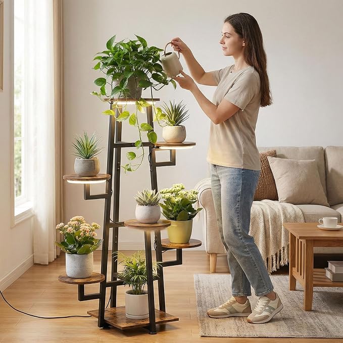 7 Tier Plant Stand Indoor with Grow Light for Multiple Plants | Corner Flower Stand, Vintage Multi-Layer Design, Sturdy Plant Shelf, Space-Saving, Ideal for Living Room Indoor Display