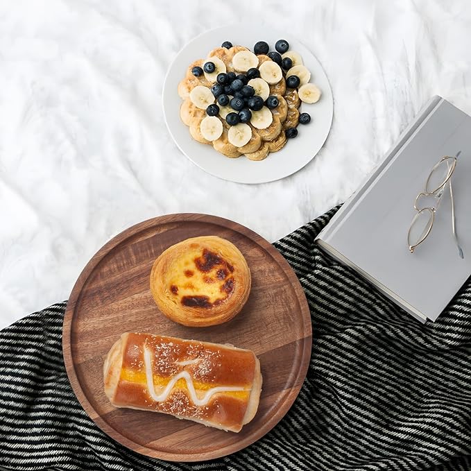 Round Wood Tray, Acacia Wooden Decorative Serving Tray for Coffee Table and Home Decor, Wooden Appetizer Charcuterie Board for Kitchen Countertop (7.9 inch)