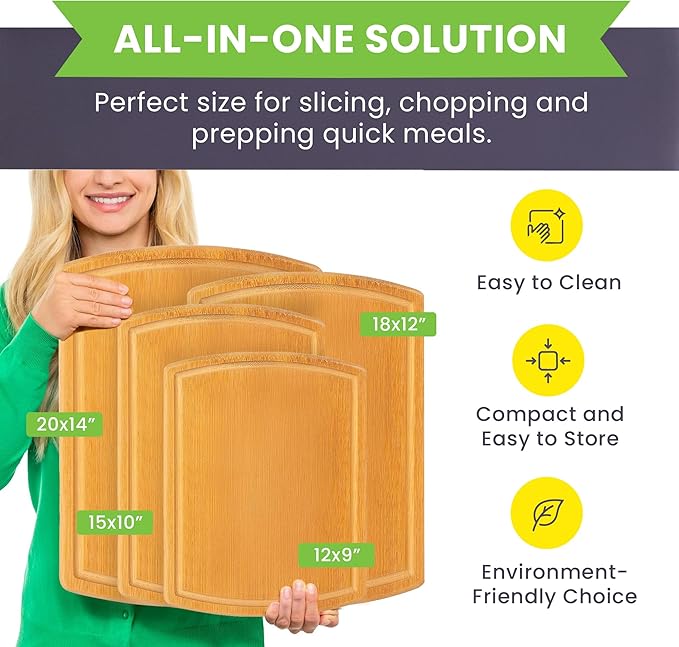 Glue-Free Surface™ 2XL Extra Large Bamboo Cutting Board Set of 4 – Small, Medium, XL, and Oversized Sizes from Chopping Vegetables to Carving Meat & Turkey for Large Family Meal Prep and Gatherings