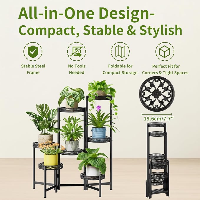 7 Tier Large Metal Plant Stand Indoor Outdoor with 7.9 Inch Wide Tray, Tiered Corner Plant Stand, Flower Display Holder Shelf, Folding Tall Rack for Patio Porch Balcony Living Room Garden - BlackWave