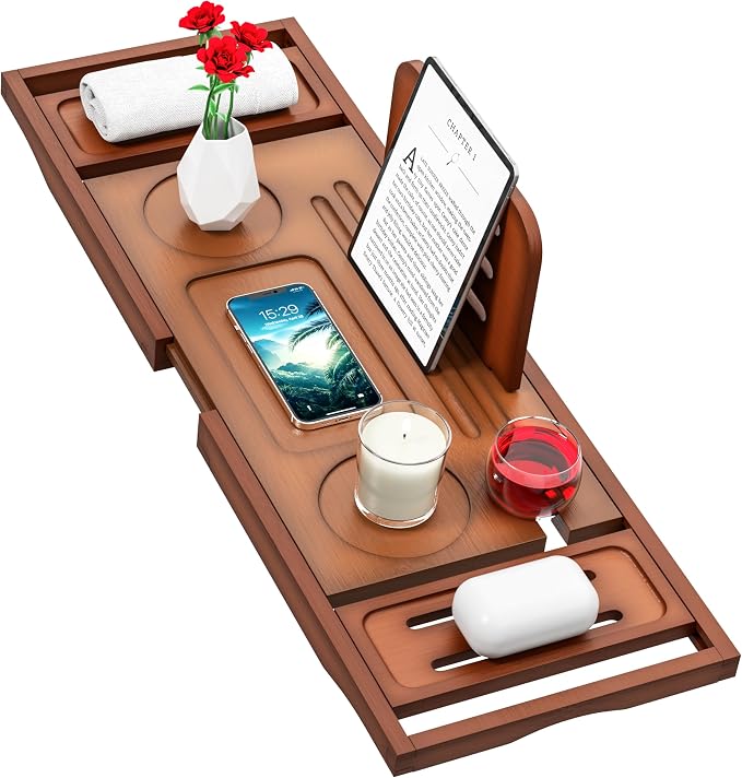 Bathtub Tray Caddy - Bath Tray - Bath Tub Tray Caddy - Bamboo Bath Table Tray for Tub - Expandable Size, Fits Most Tubs