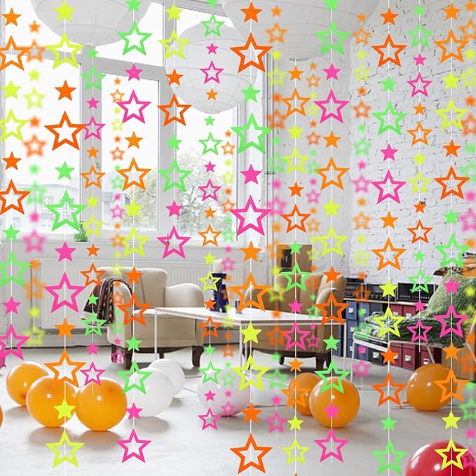 102feet Neon Paper Garland Streamers Hollowed Star Black Light Decorations Glow Party UV Reactive Favors in The Dark Supplies for Wedding Birthday Garlands